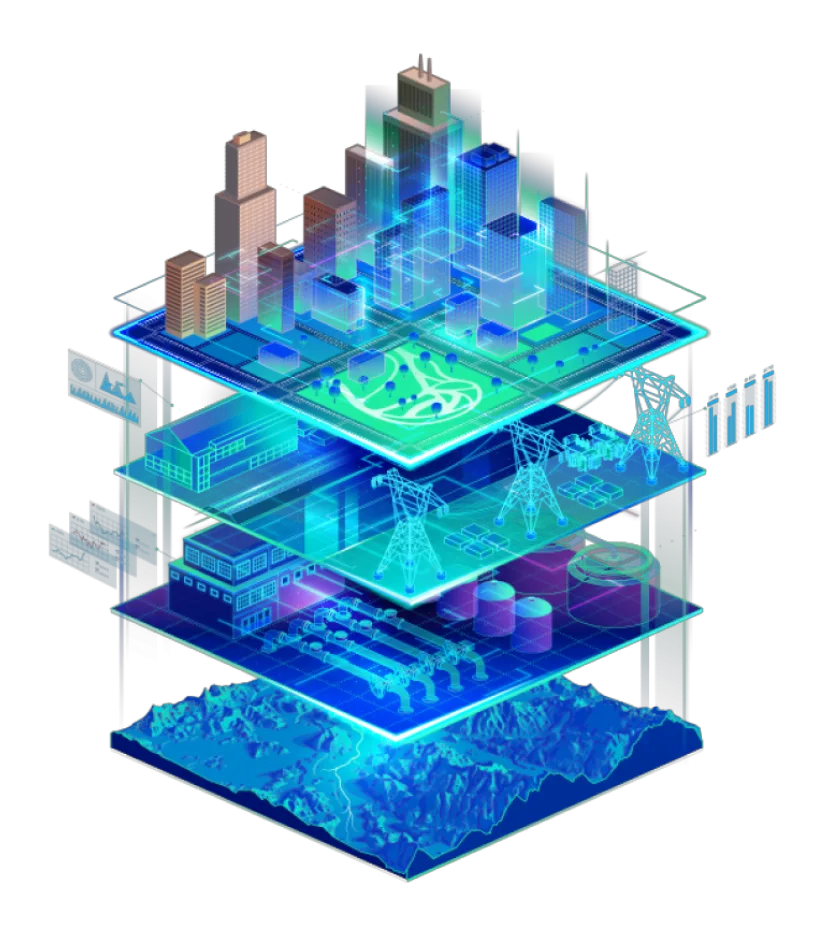 Gemelo digital de una ciudad: capas de edificios, energía, infraestructura y terreno conectadas