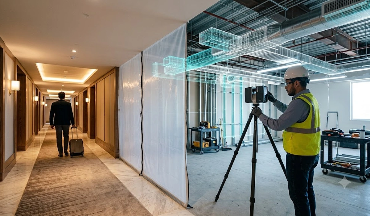 Técnico escaneando con láser 3D un hotel en remodelación, con malla BIM holográfica, mientras el pasillo sigue operativo