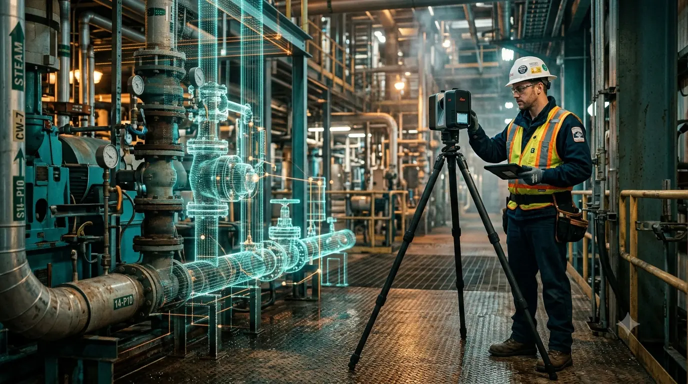 Ingeniero usando escáner láser 3Dpara hacer mantenimiento predictivo industrial con un gemelo digital BIM superpuesto sobre las tuberías