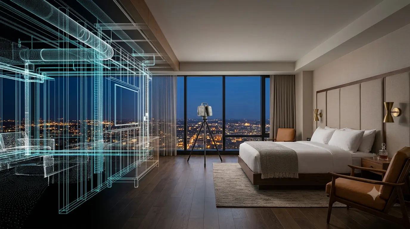 Suite de hotel en remodelación escaneada con láser 3D y modelo BIM para reducir retrabajos en remodelación hotelera