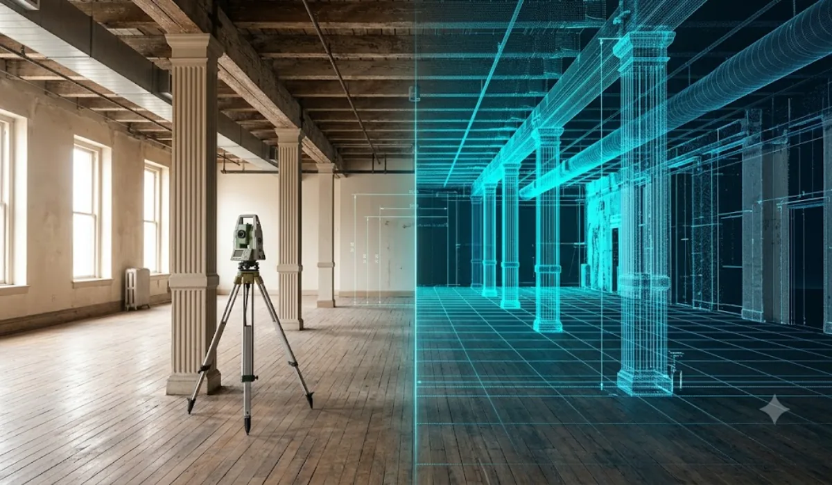 Total-station survey transforming into a point cloud and BIM model of an architectural interior — Foundtech Scan to BIM.
