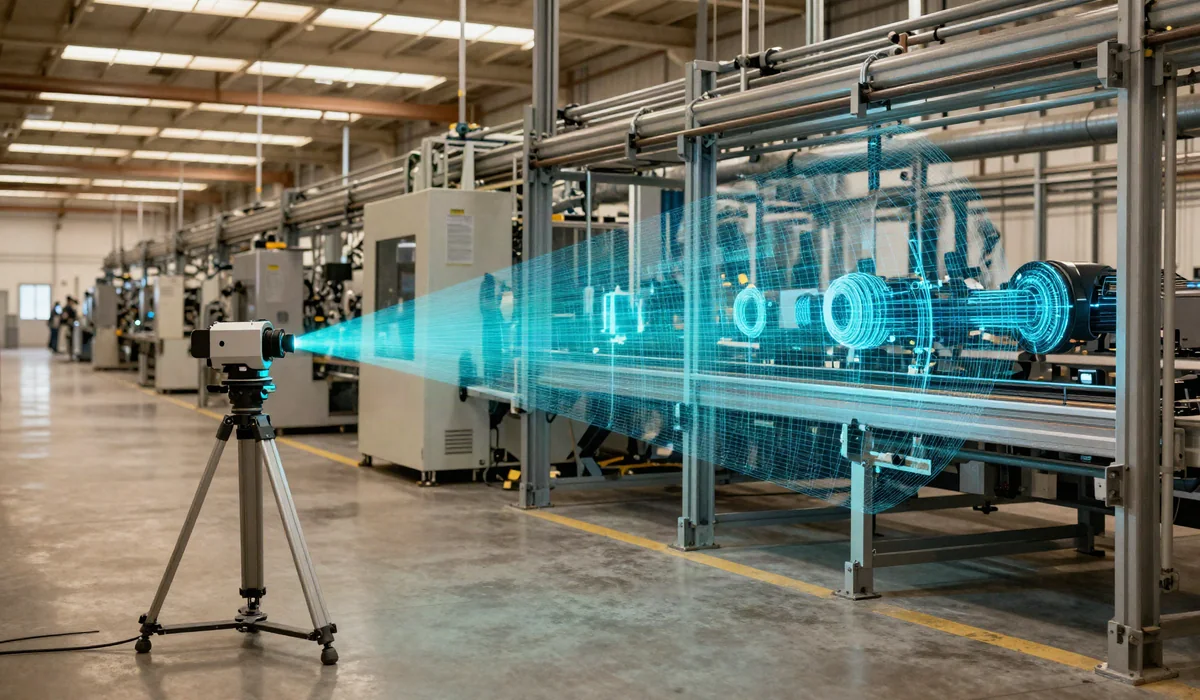 Terrestrial 3D laser scanner capturing a manufacturing plant as a cyan point cloud, illustrating quality management tools fed with real as-built data.